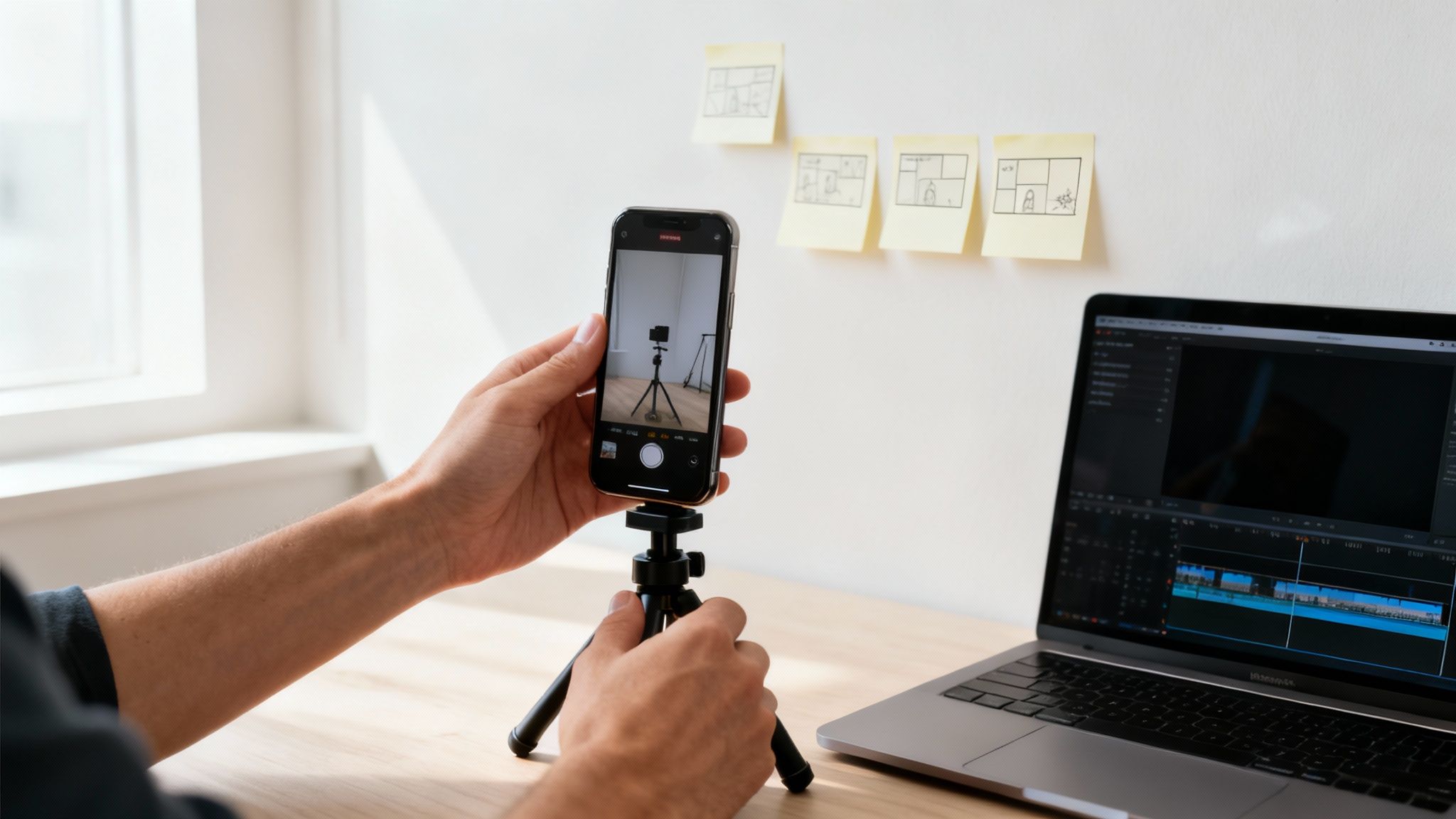 A person holding a smartphone on a tripod, recording in a home studio next to a laptop with video editing software.