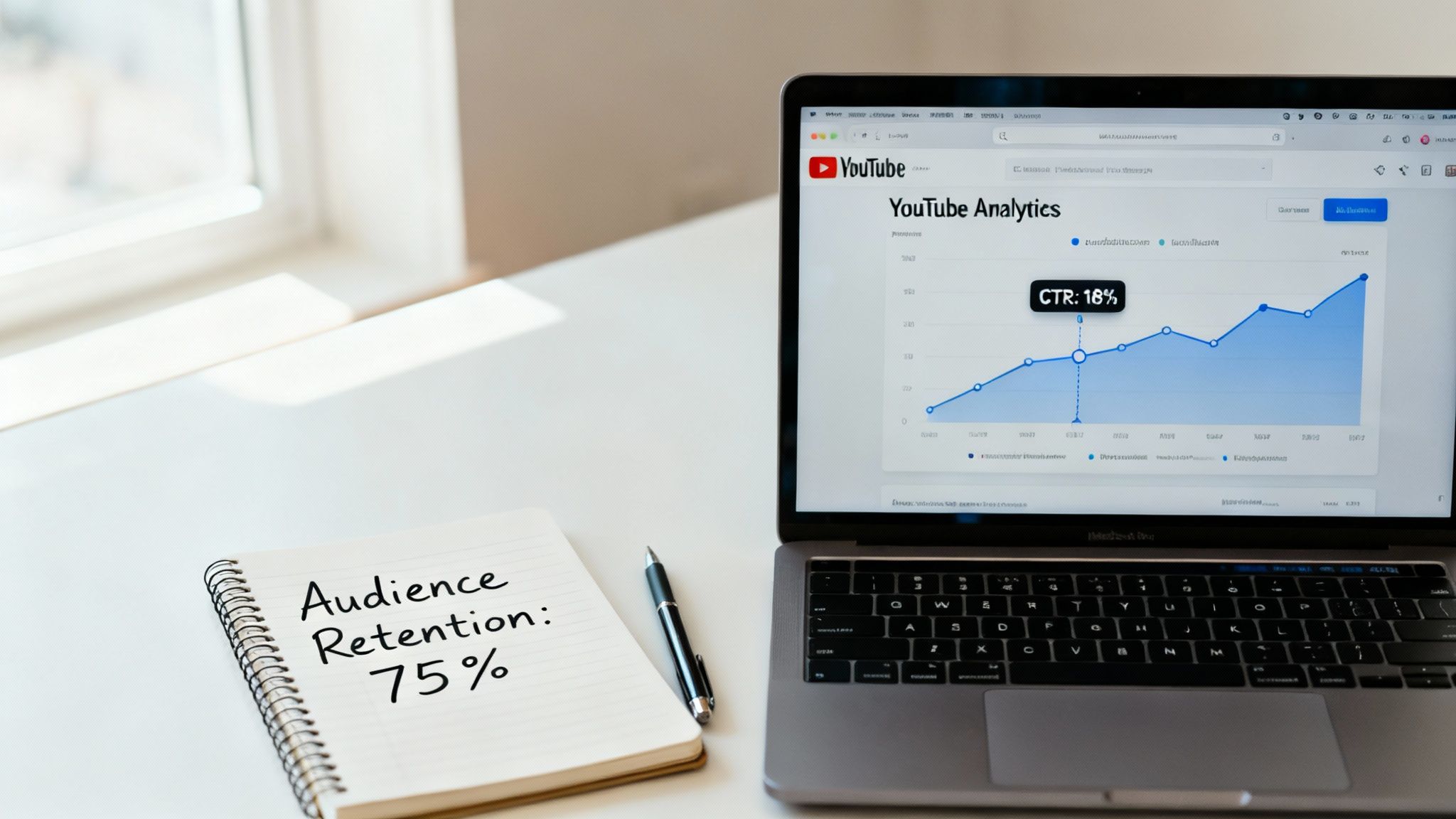 A laptop showing YouTube Analytics with a CTR of 18%, next to a notebook with 'Audience Retention: 75%'.