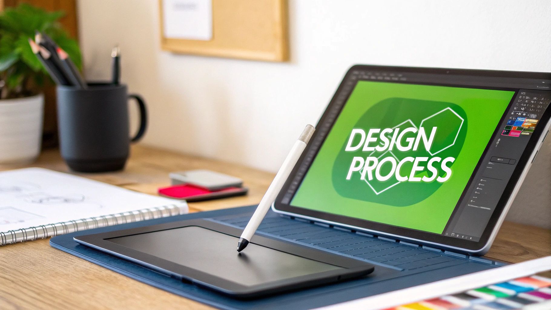 A creative workspace featuring a tablet displaying 