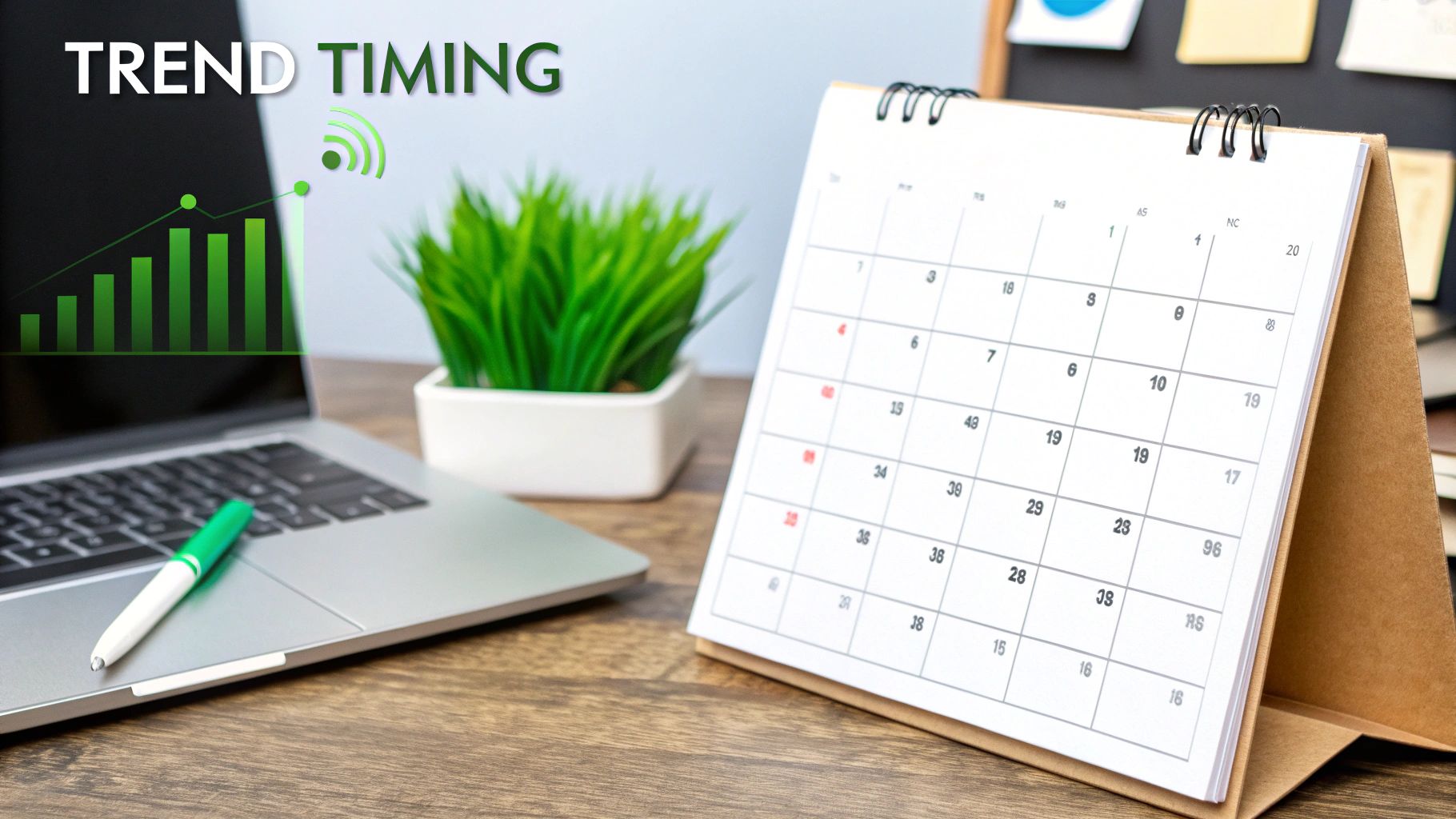 A laptop showing 'TREND TIMING' with a growth chart, next to a desk calendar and a green pen, symbolizing strategic planning.