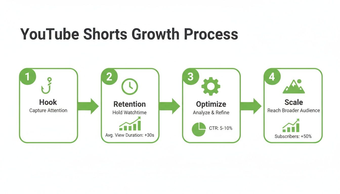 A four-step flowchart showing the YouTube Shorts growth process: Hook, Retention, Optimize, and Scale.