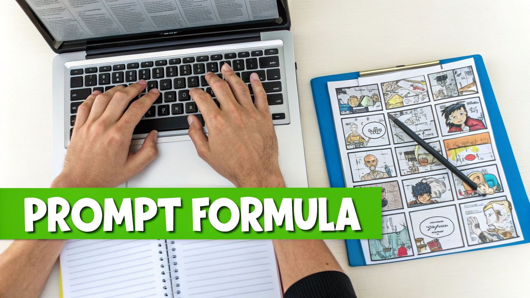 Overhead view of hands typing on a laptop next to a clipboard with comic book art, with 'PROMPT FORMULA' overlay.