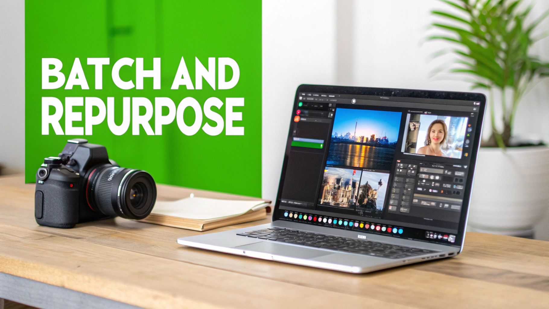 A camera and laptop with editing software on a desk, promoting 'BATCH AND REPURPOSE' content strategy.
