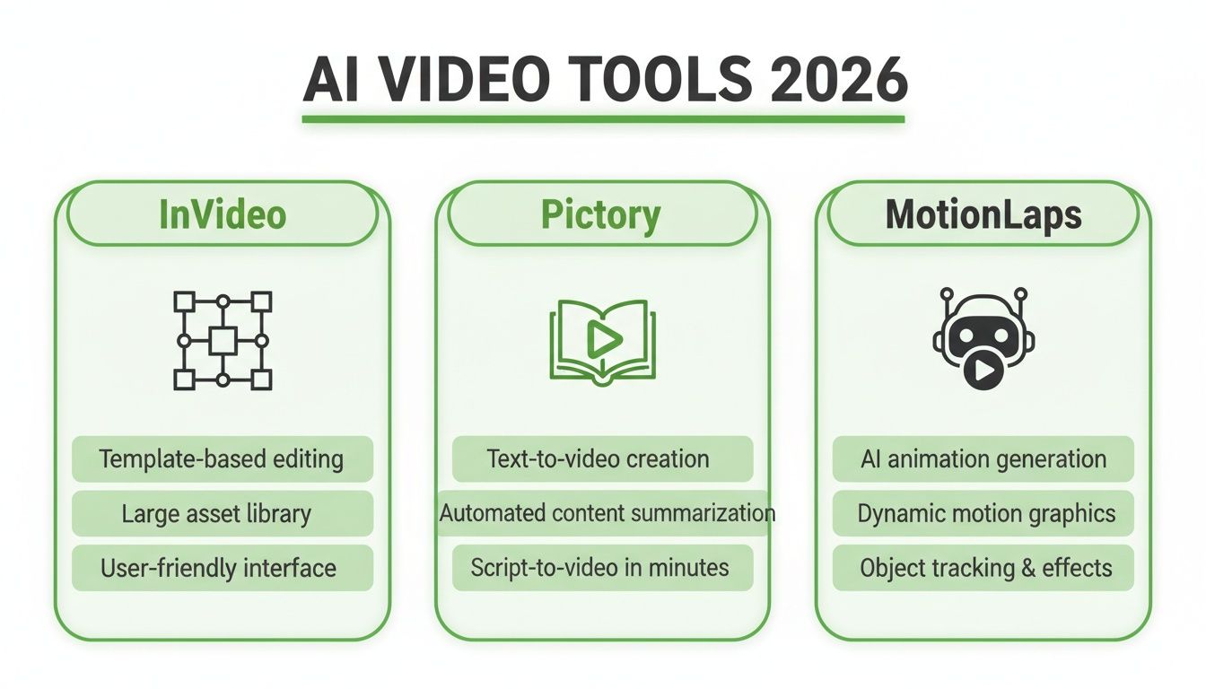 An infographic comparing AI video tools InVideo, Pictory, and MotionLaps with their key features for 2026.