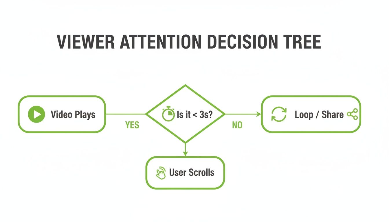Flowchart illustrating the viewer attention decision tree: Video plays, then checks if duration is less than 3 seconds.