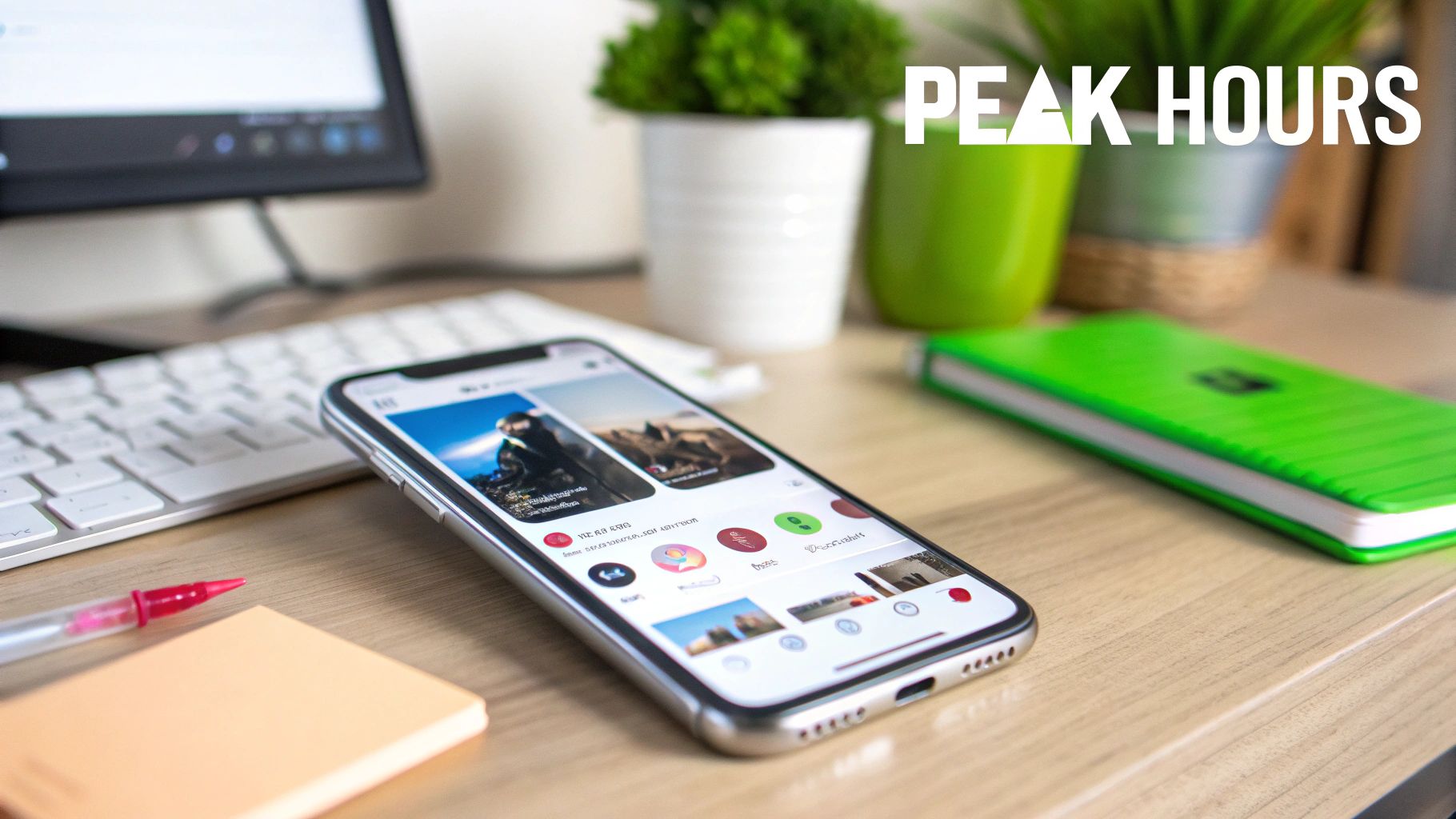 A modern desk with a smartphone displaying social media, a keyboard, monitor, and plants.