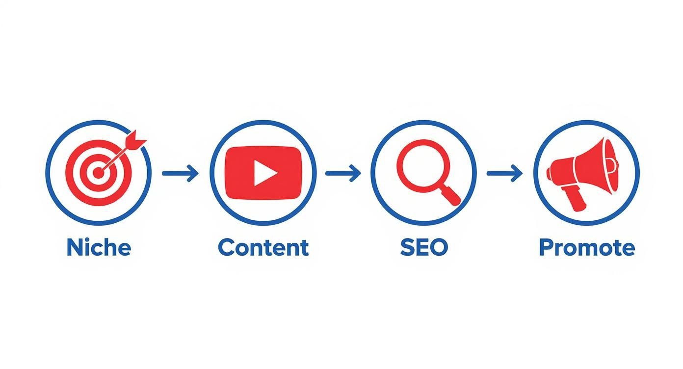 Visual guide outlining a 4-step YouTube channel growth strategy: Niche, Content, SEO, Promote.