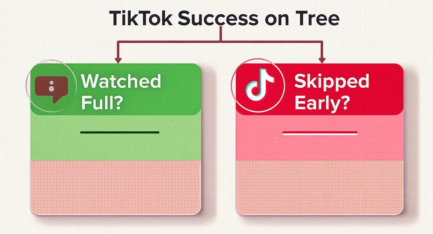 A diagram titled 'TikTok Success on Tree' illustrating two paths: 'Watched Full?' in green and 'Skipped Early?' in red.