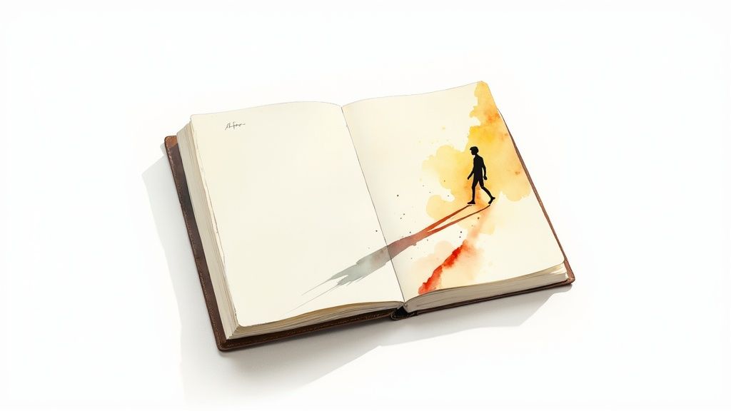 An open notebook with a drawing of a person walking amidst warm watercolor splashes.