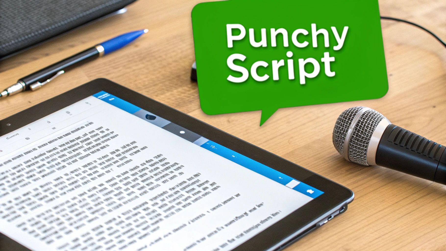 A close-up of a tablet displaying a script, a microphone, and a 'Punchy Script' speech bubble, on a wooden desk.