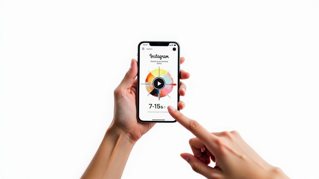 Hands interacting with a smartphone displaying an Instagram interface with a colorful pie chart and '7-15s' text.