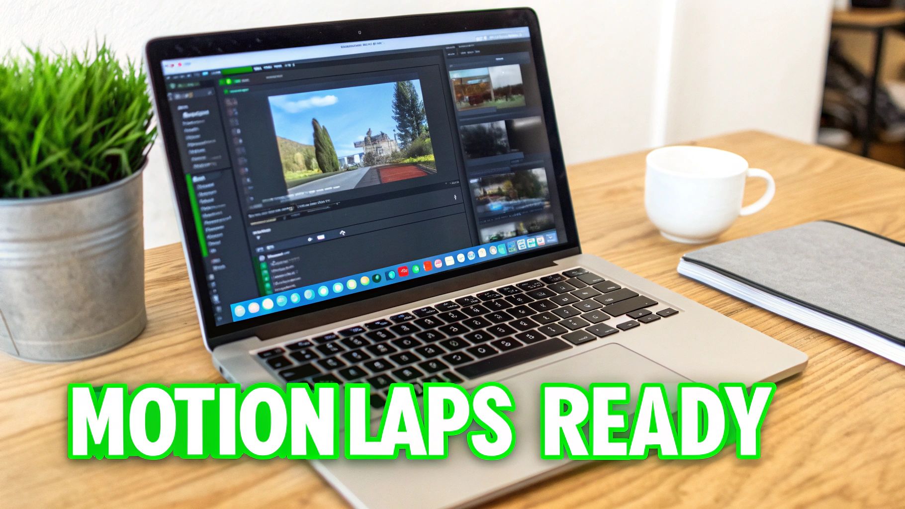 A laptop displays video editing software with a motion timelapse on a wooden desk alongside a plant and coffee.