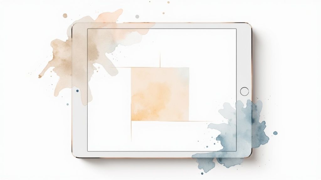 A blank tablet mockup with gold edges, surrounded by brown, peach, and blue watercolor splatters.