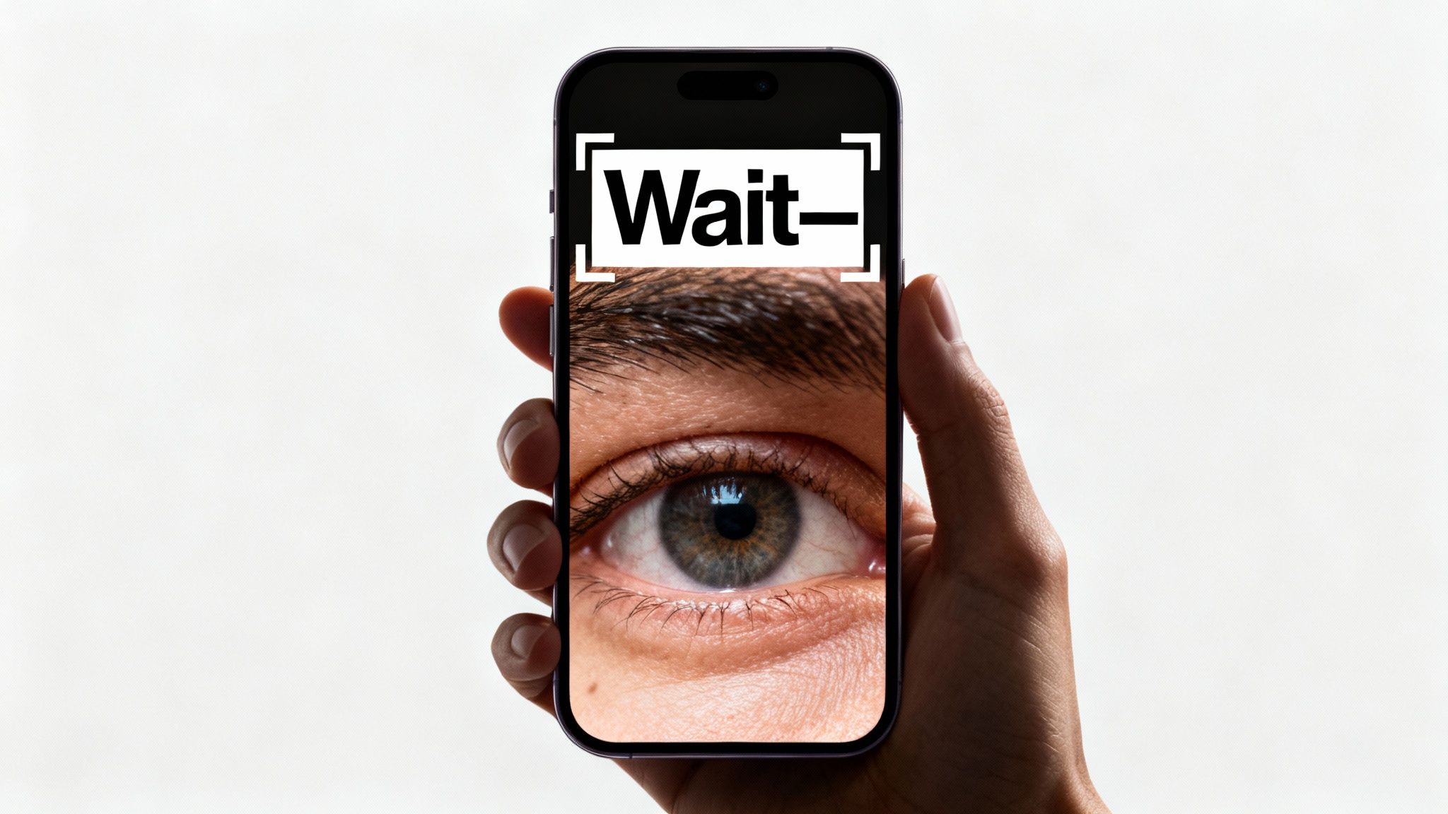 A hand holds a smartphone displaying a large eye and the word 'Wait-' on its screen.