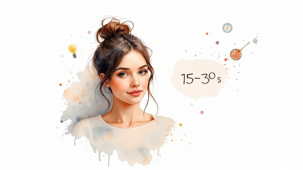 Watercolor illustration of a young woman with a bun, surrounded by creative elements and text indicating '15-30s'.