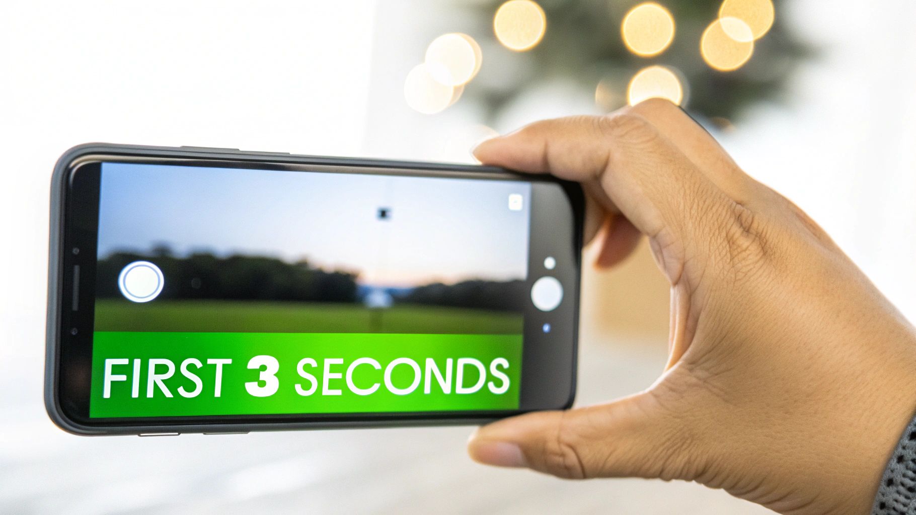 A hand holds a smartphone horizontally, displaying a camera app with 'FIRST 3 SECONDS' text.