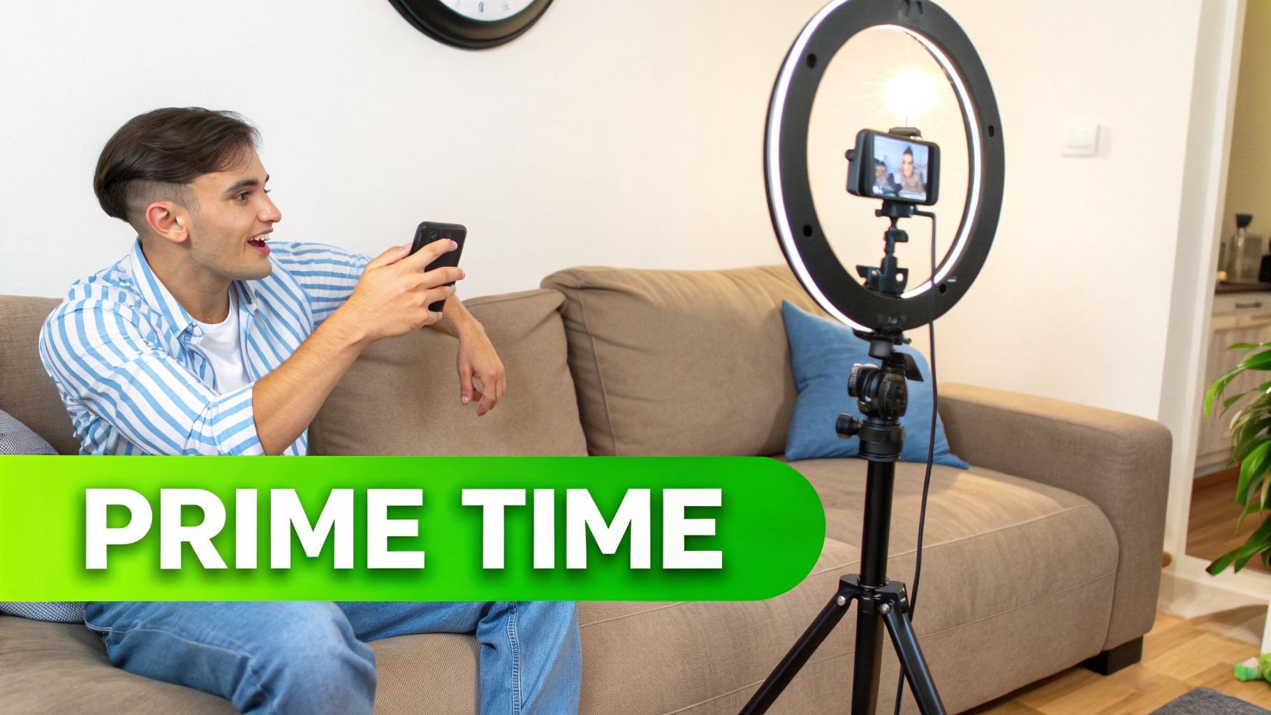 Young man sitting on a couch, live streaming with a smartphone and ring light.