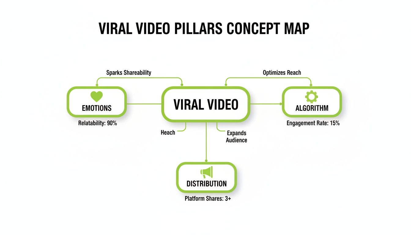 A concept map showing the pillars of a viral video: emotions, algorithm, and distribution.