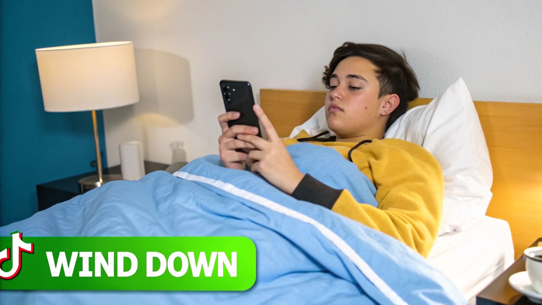 A young person lies in bed, covered by a blue blanket, looking at their smartphone to wind down.