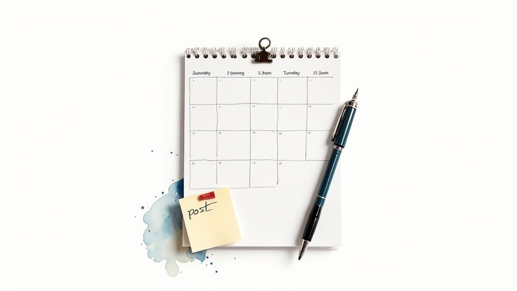 A calendar for scheduling, a pen, and a sticky note marked 'post' on a white background with watercolor splatters.