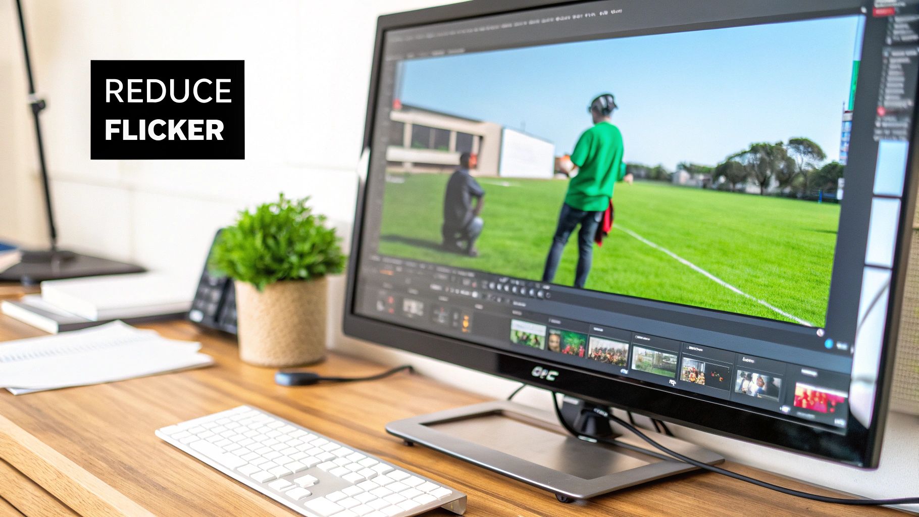 A computer monitor displaying video editing software with two people on a field and text 'REDUCE FLICKER'.