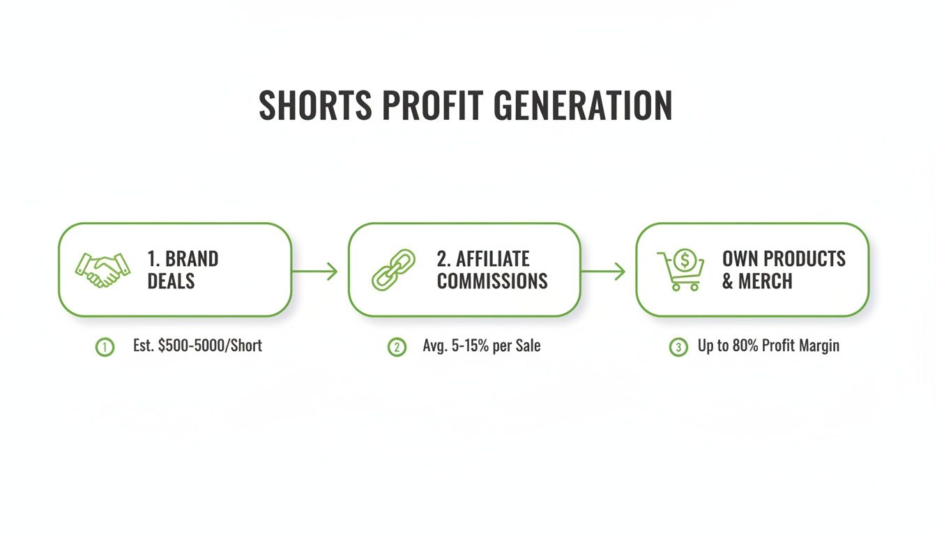 Diagram illustrating three methods for Shorts profit generation: brand deals, affiliate commissions, and own products.