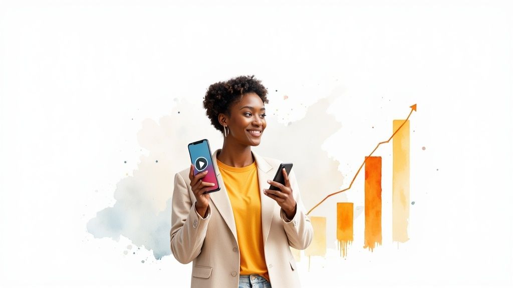 Smiling woman holding two phones with a video icon and a growing bar graph.
