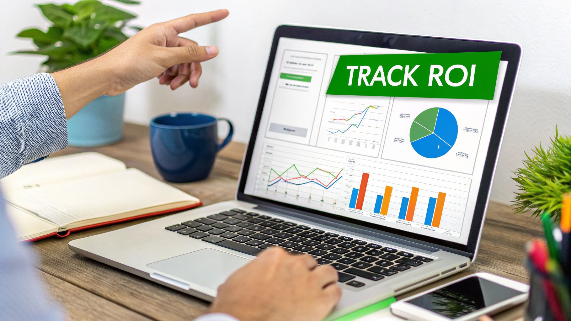 Person pointing at a laptop displaying business charts and a 'TRACK ROI' banner, on a wooden desk.
