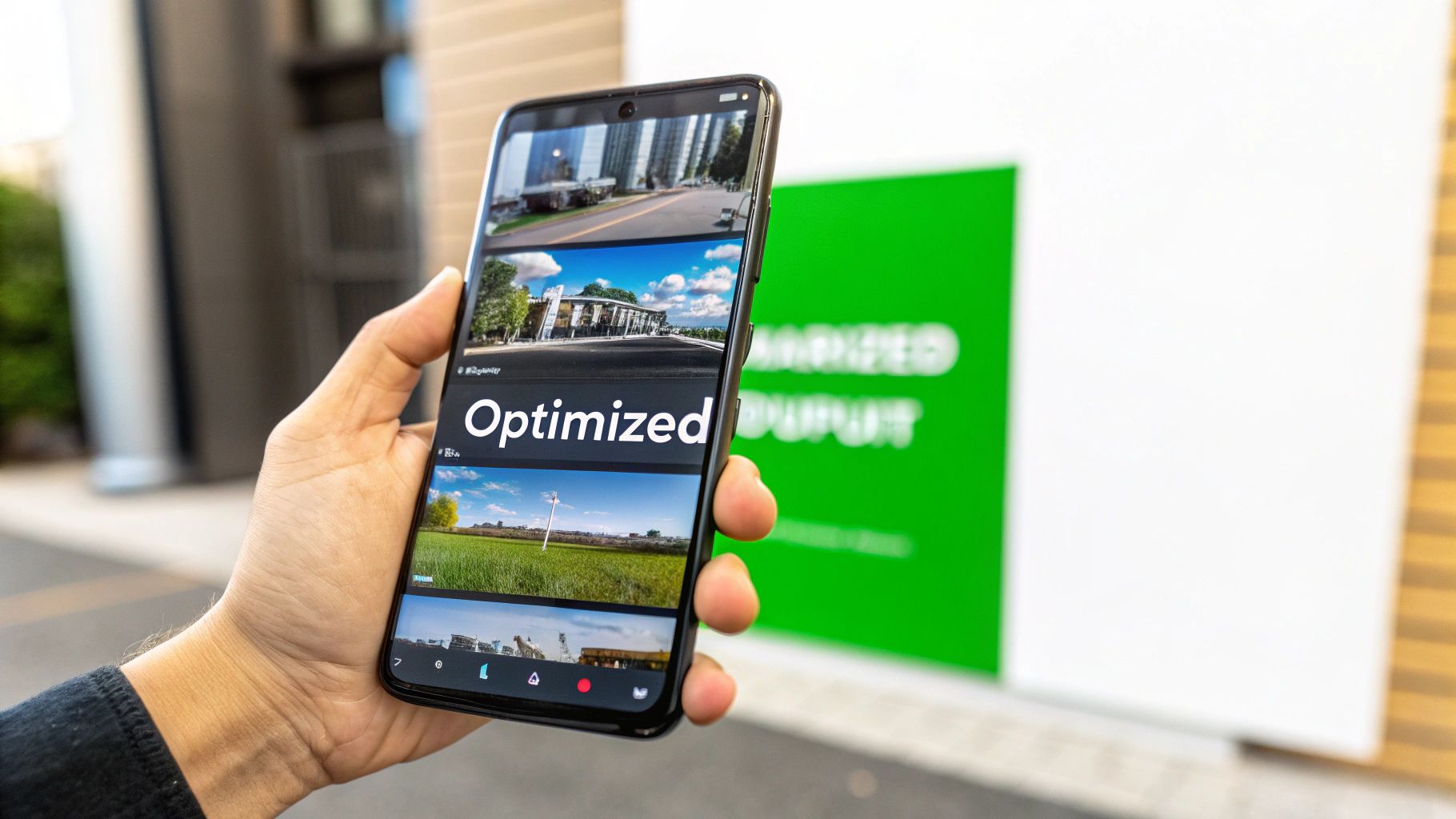 A person's hand holds a smartphone displaying multiple panoramic landscape images and 'Optimized' text.