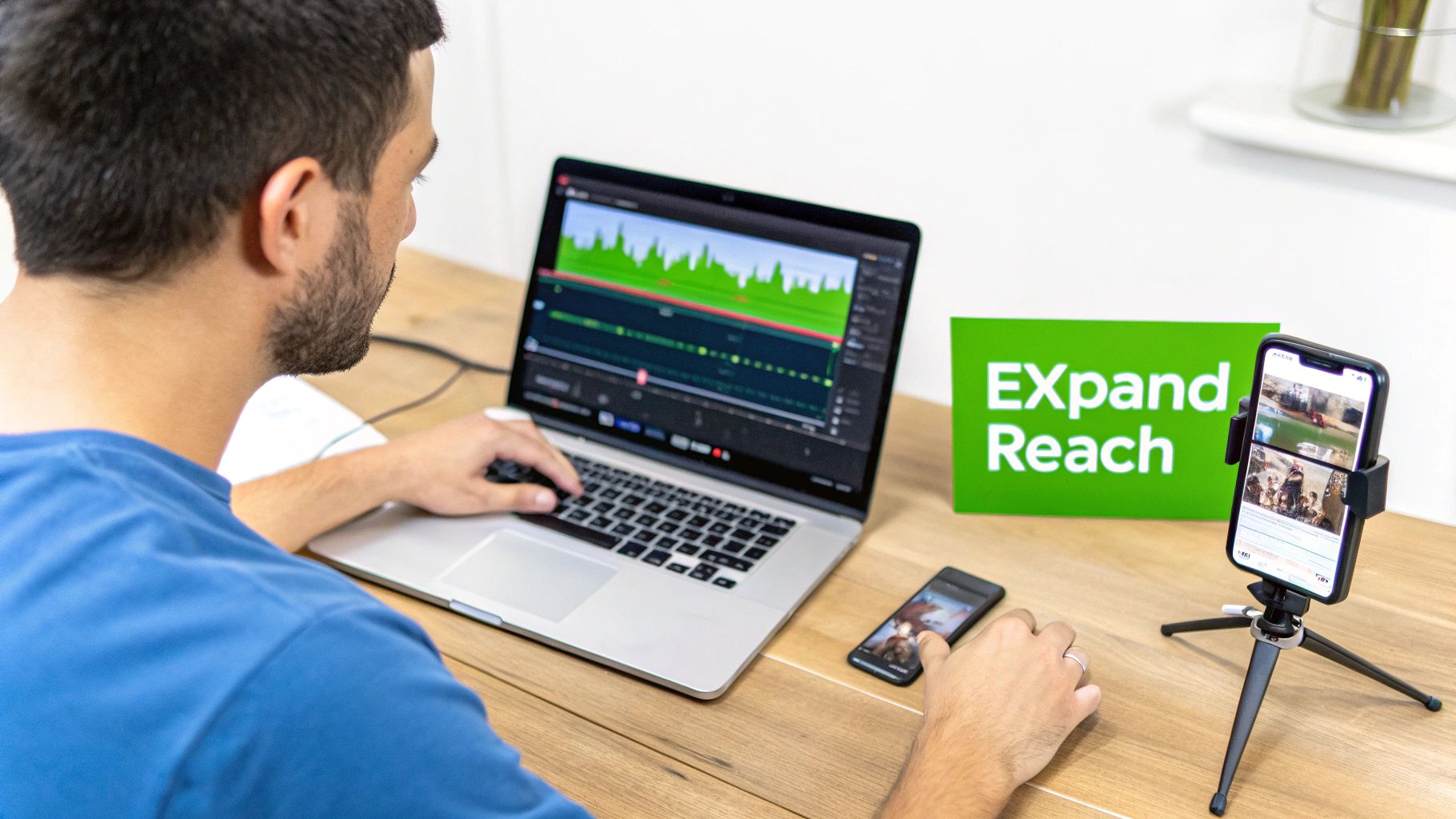 A man managing content on a laptop and multiple smartphones with an 'Expand Reach' sign.