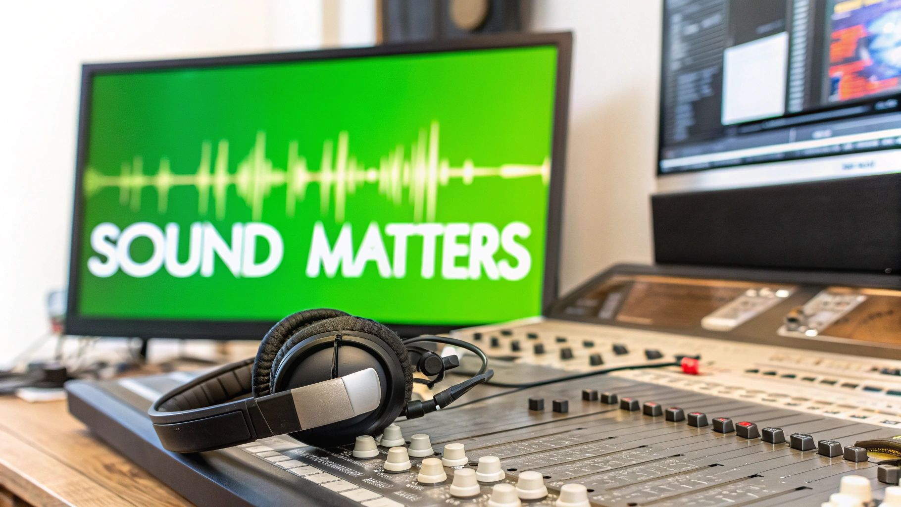 Headphones rest on a sound mixing board in an audio studio, with a monitor displaying 'SOUND MATTERS'.