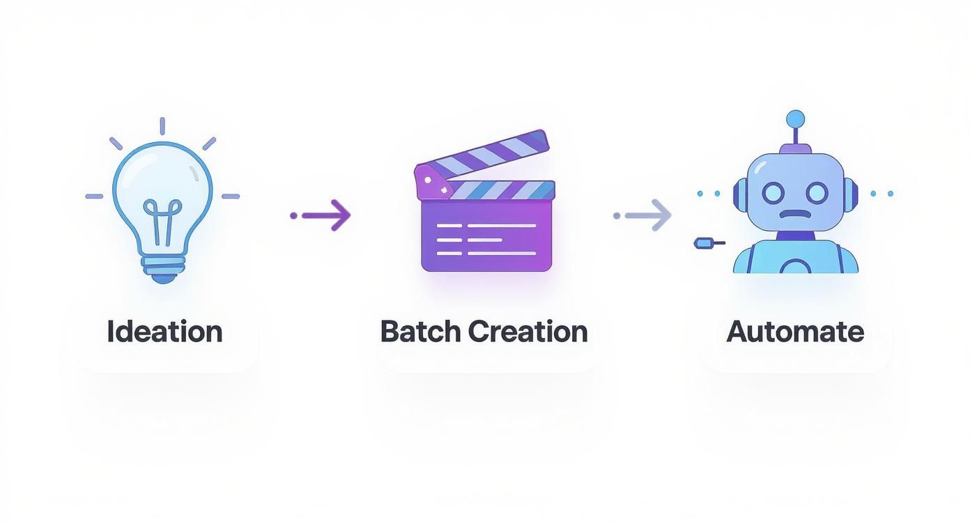 A workflow diagram showing ideation (lightbulb), batch creation (clapperboard), and automation (robot).