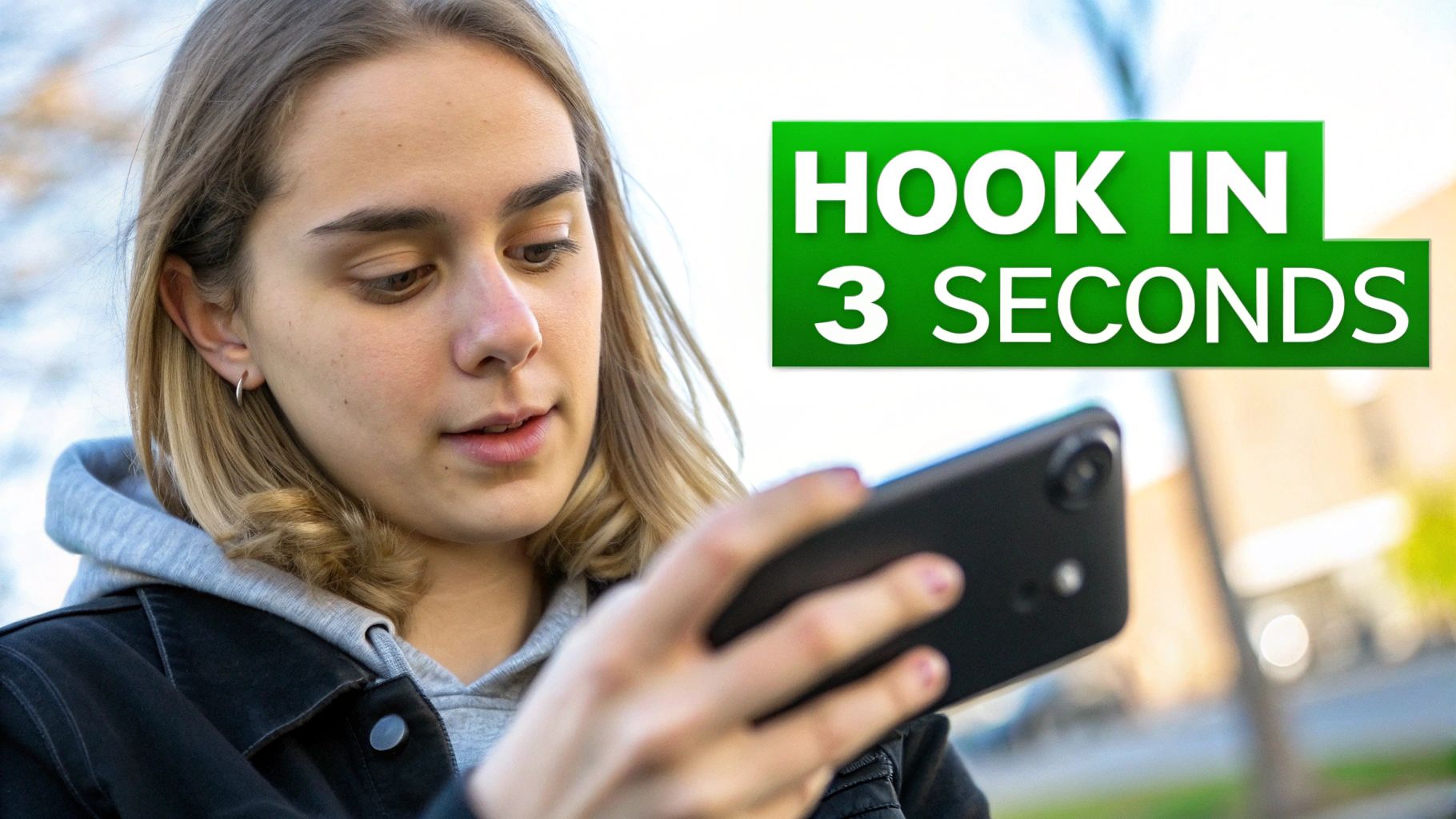 A young person intently viewing content on a smartphone, with a green overlay text: HOOK IN 3 SECONDS.