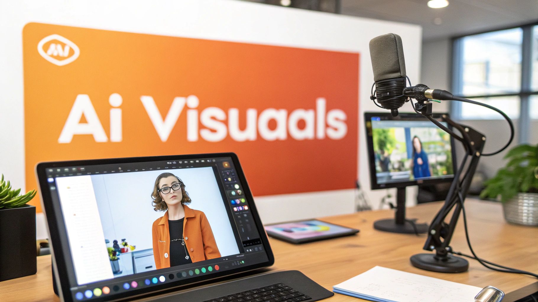 Professional video production studio setup with laptop displaying AI-generated visuals and microphone equipment