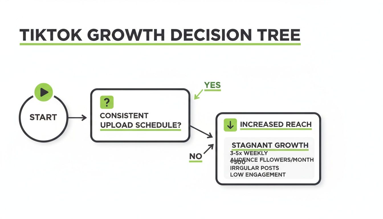 A TikTok growth decision tree illustrating how consistent upload schedules lead to increased reach.