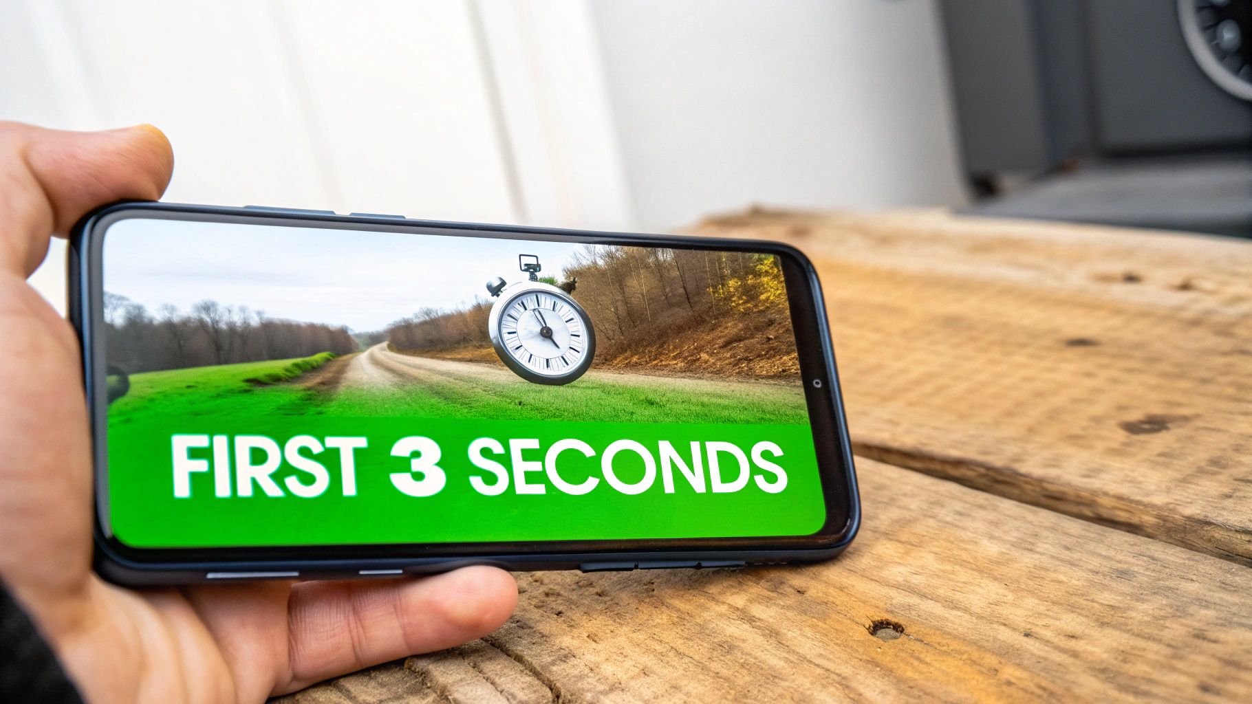 A hand holds a smartphone displaying a dirt road with green fields, a stopwatch, and 