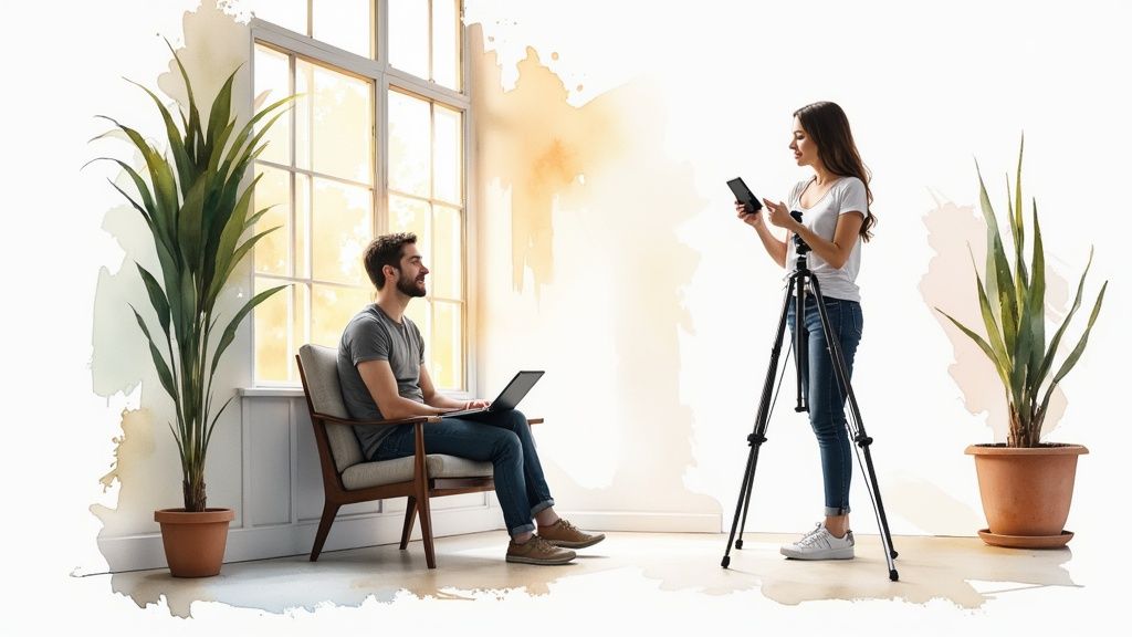 A man and woman collaborate on video creation, with the woman using a phone on a tripod.