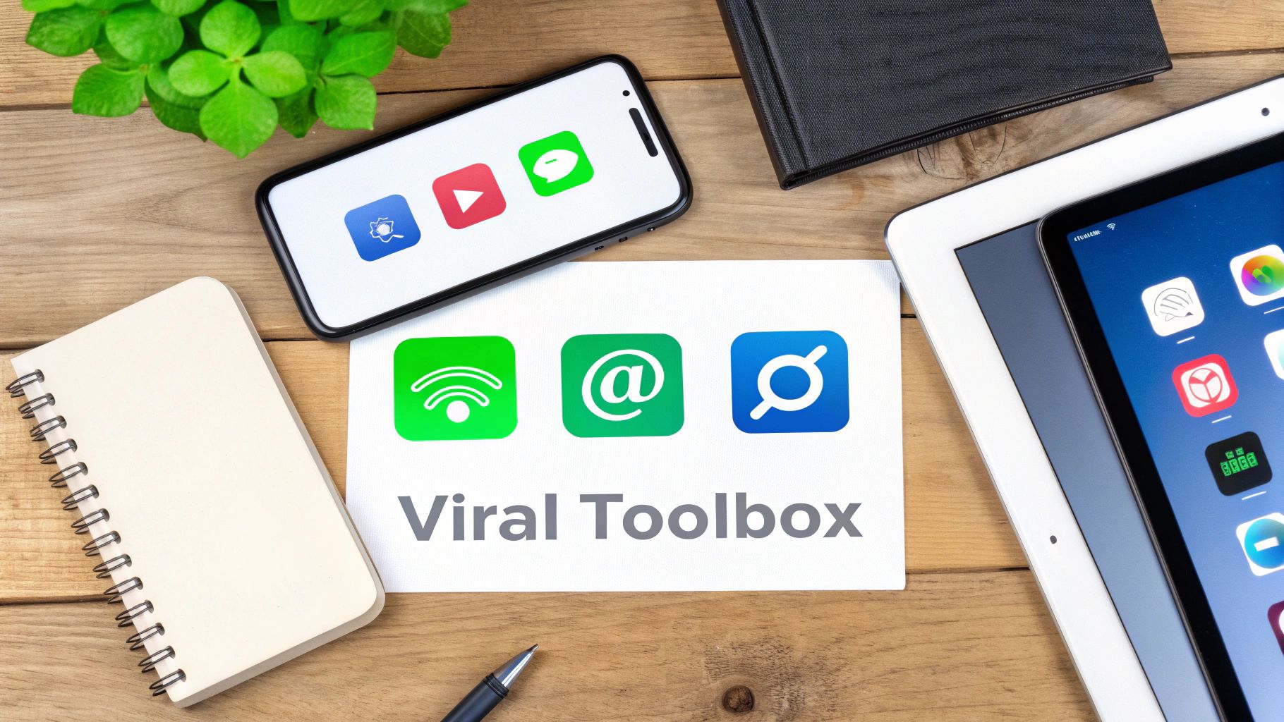 Flat lay of digital devices, apps, and a 'Viral Toolbox' paper for social media content.