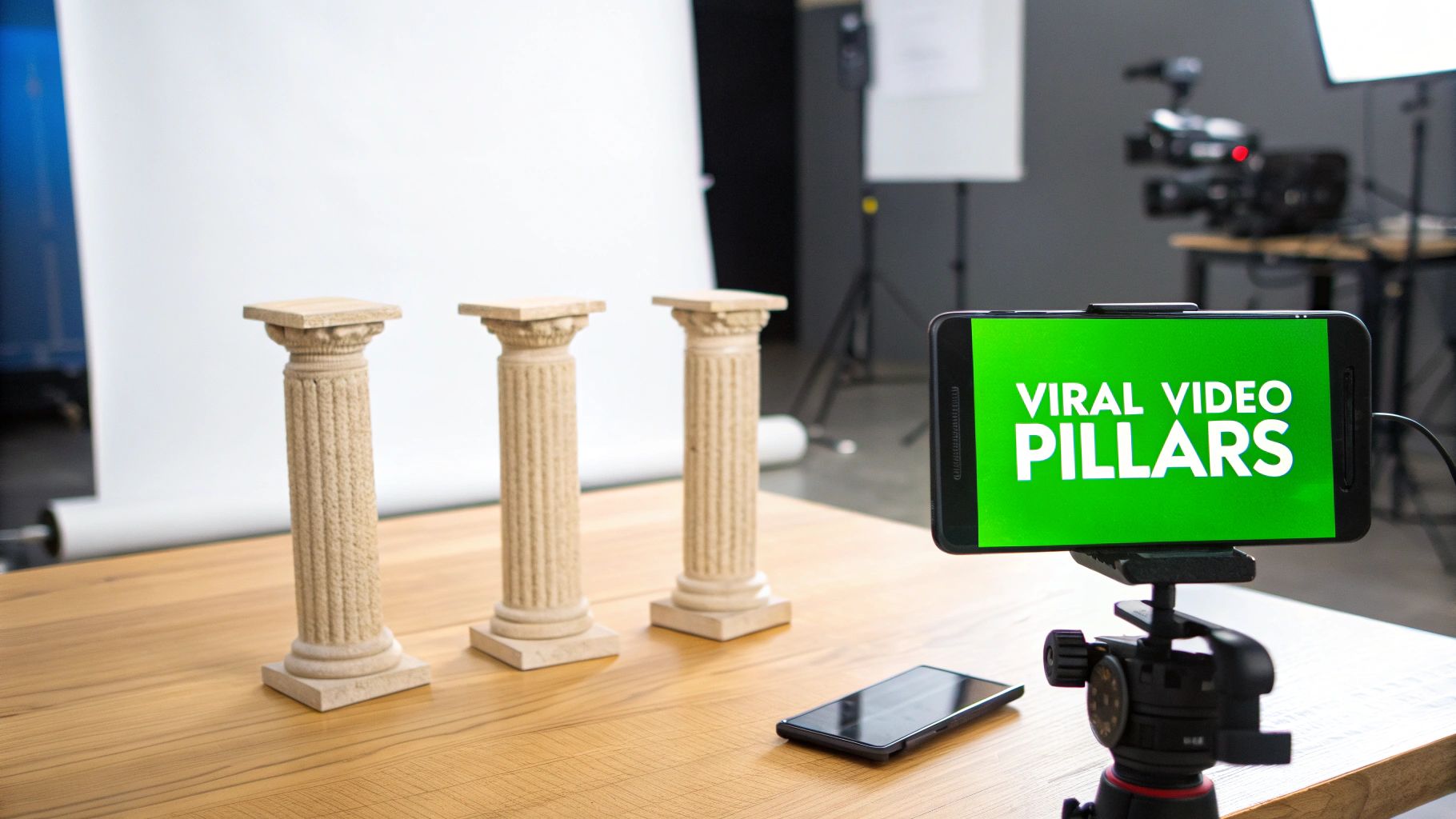 A smartphone on a tripod displays 'VIRAL VIDEO PILLARS' next to three miniature columns on a table.