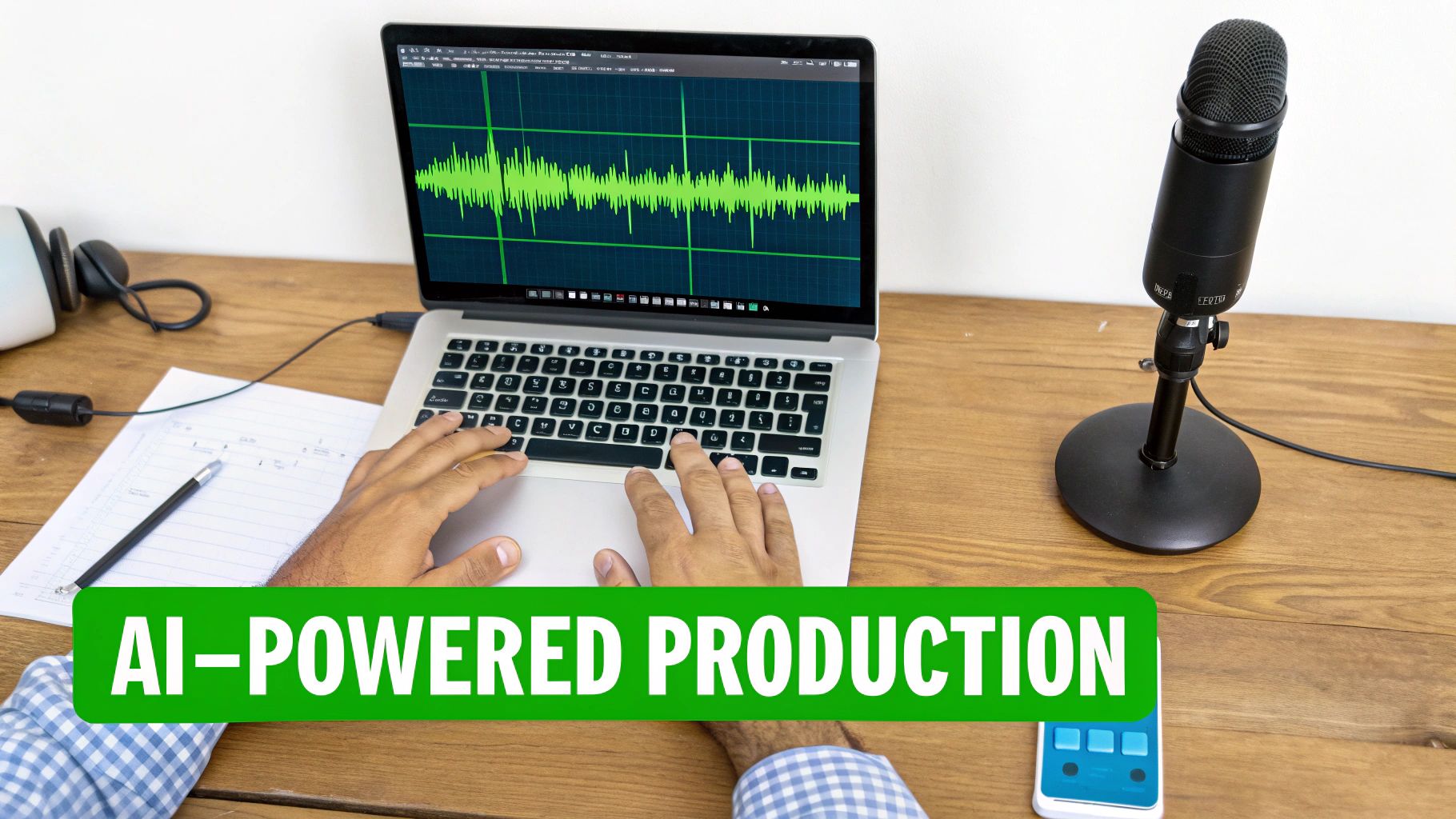 A person uses a laptop displaying an audio waveform, next to a microphone and headphones, labeled 'AI-POWERED PRODUCTION'.