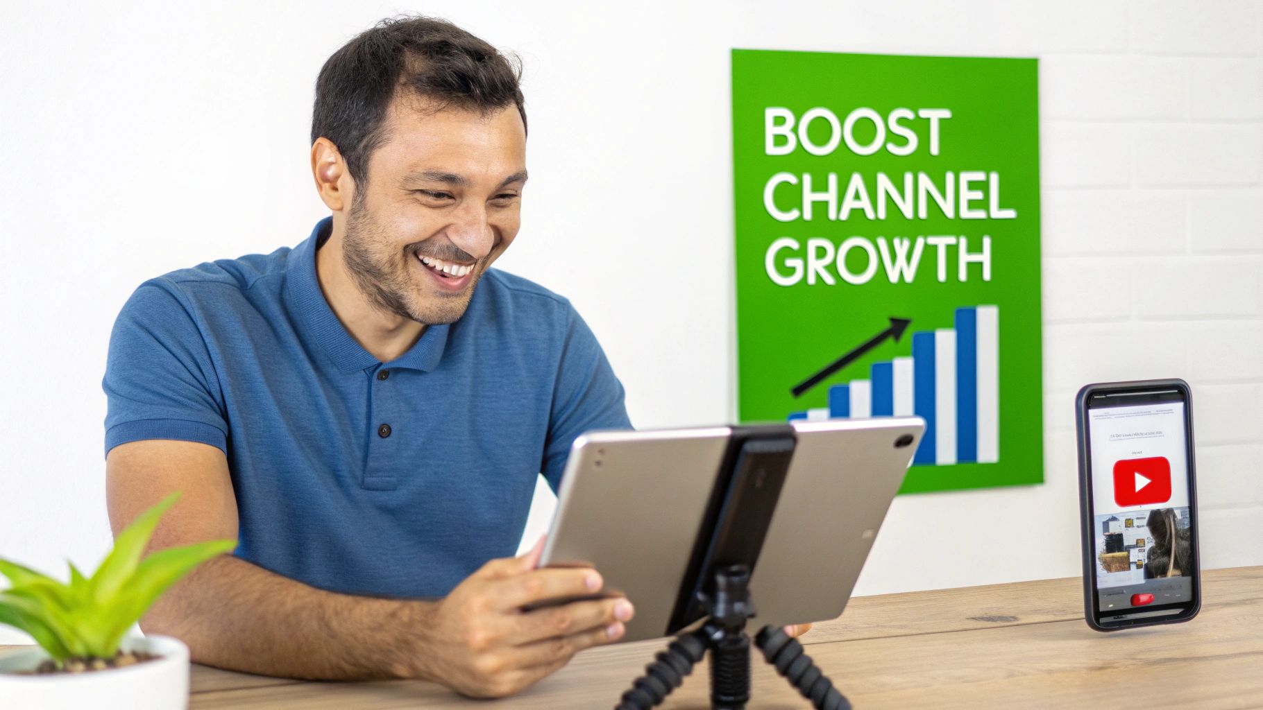 Smiling man looking at a tablet, with a 'Boost Channel Growth' sign and a smartphone displaying YouTube.