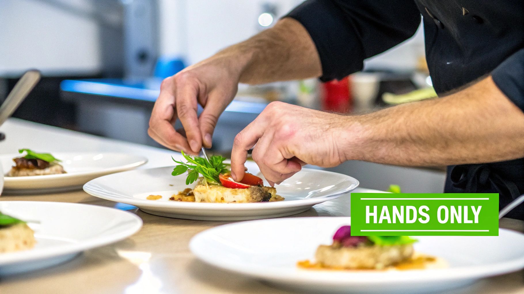 Close-up of a chef's hands meticulously garnishing a gourmet dish with fresh herbs and a tomato slice in a professional kitchen.