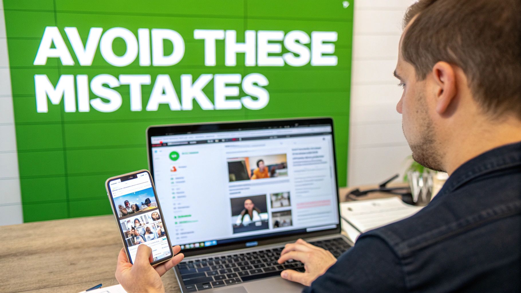A man works on a laptop while holding a phone, with a 'AVOID THESE MISTAKES' sign in the background.