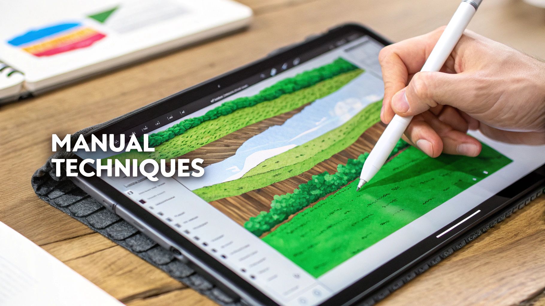 A person uses a stylus on a tablet to create a landscape illustration, with 'MANUAL TECHNIQUES' overlay.