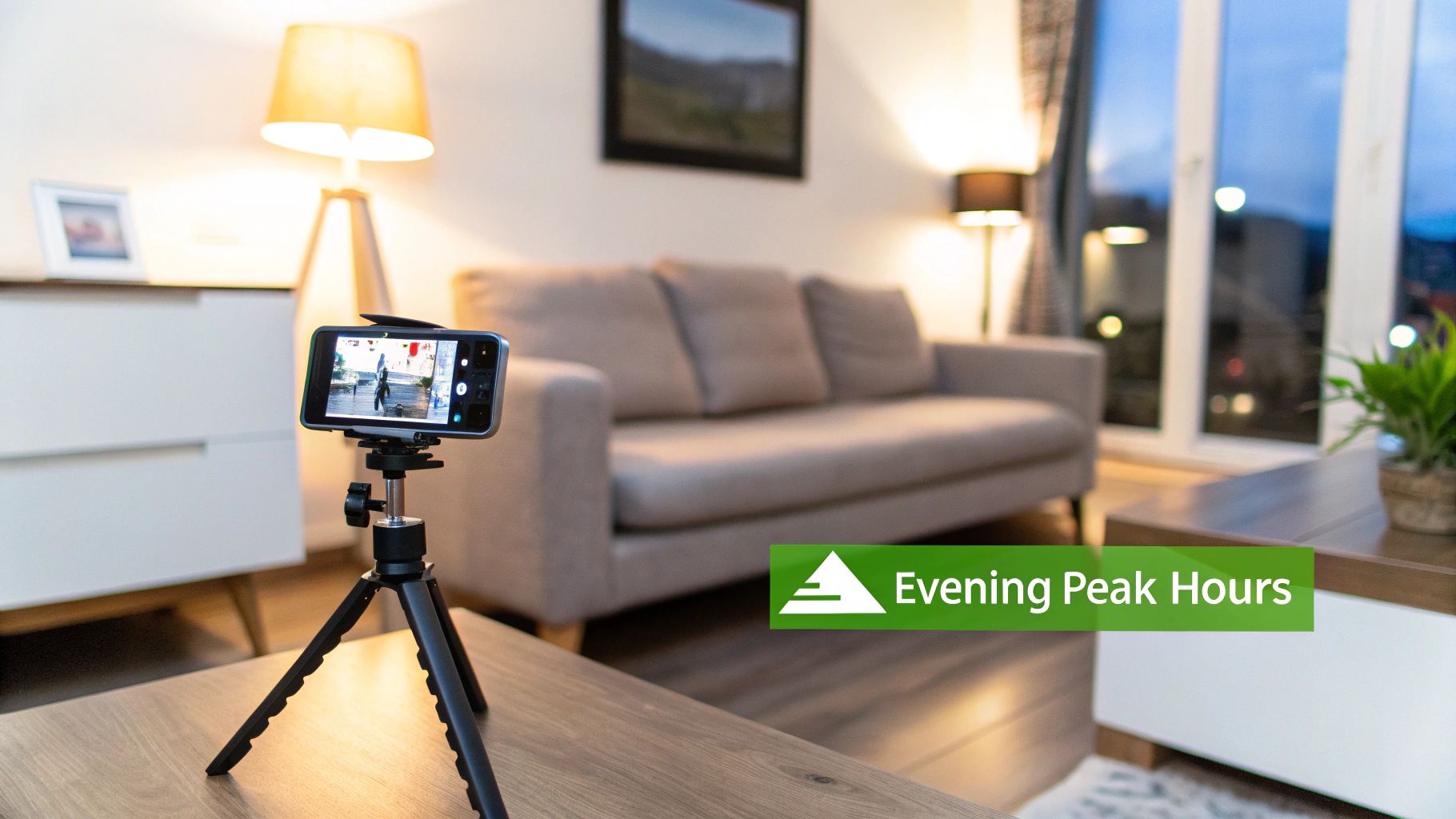 A smartphone on a tripod records a video in a modern living room during evening peak hours.