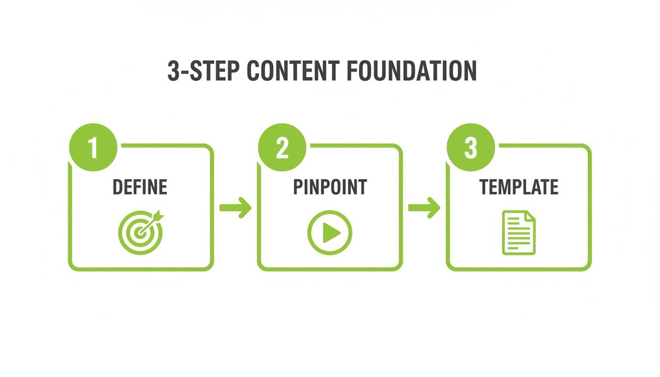 A 3-step content foundation process diagram illustrating define, pinpoint, and template stages.