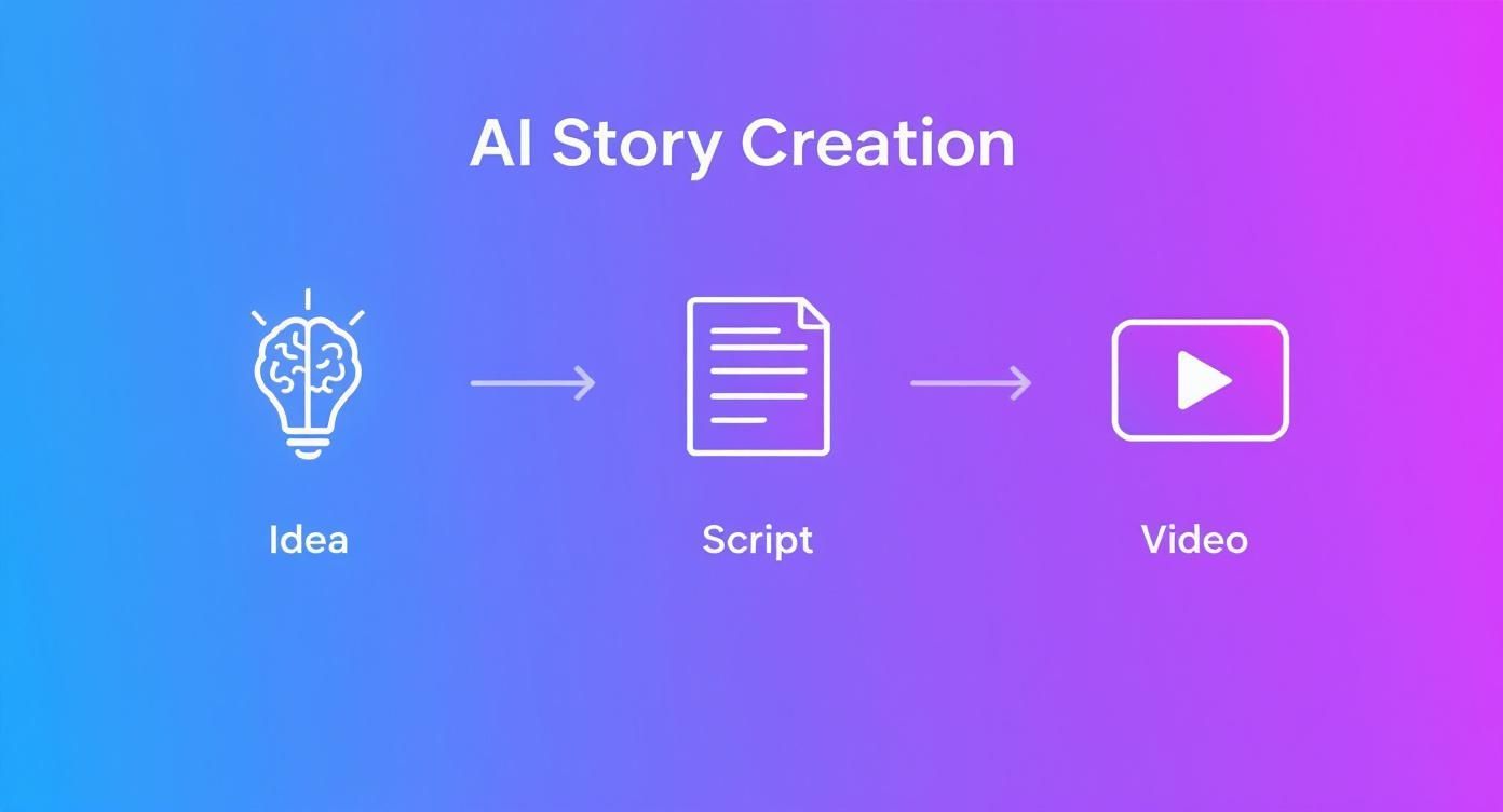 A diagram illustrates the AI story creation process: Idea, Script, then Video production.