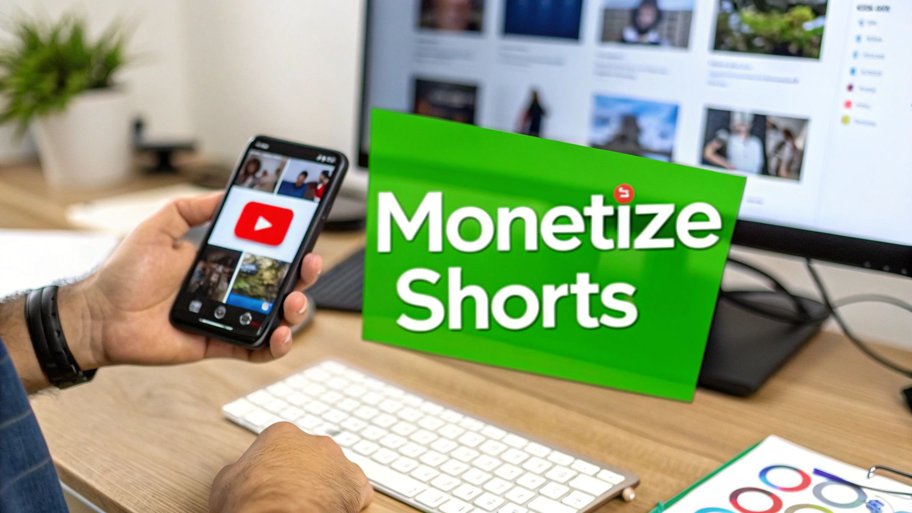 A person holds a phone displaying the YouTube app, with a green sign saying 'Monetize Shorts' on a desk.