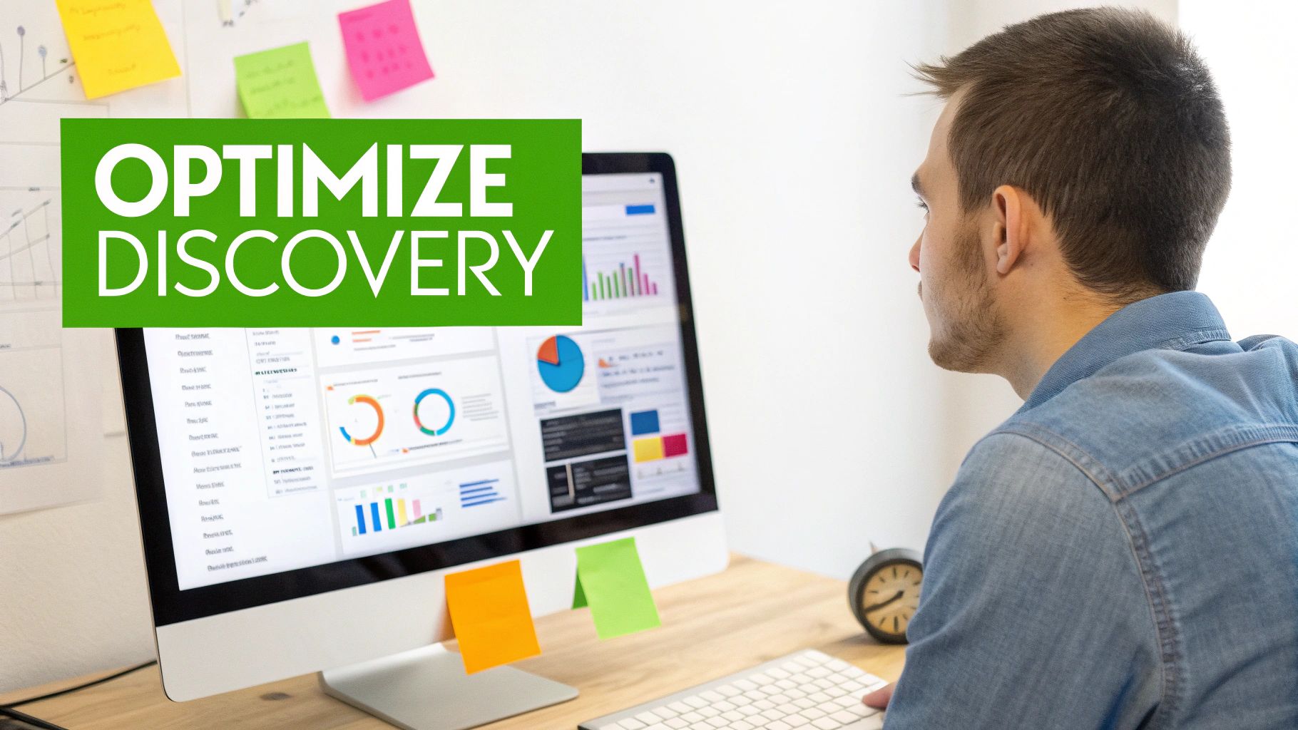 Man reviews data and charts on a computer with an 'OPTIMIZE DISCOVERY' banner, focusing on SEO.