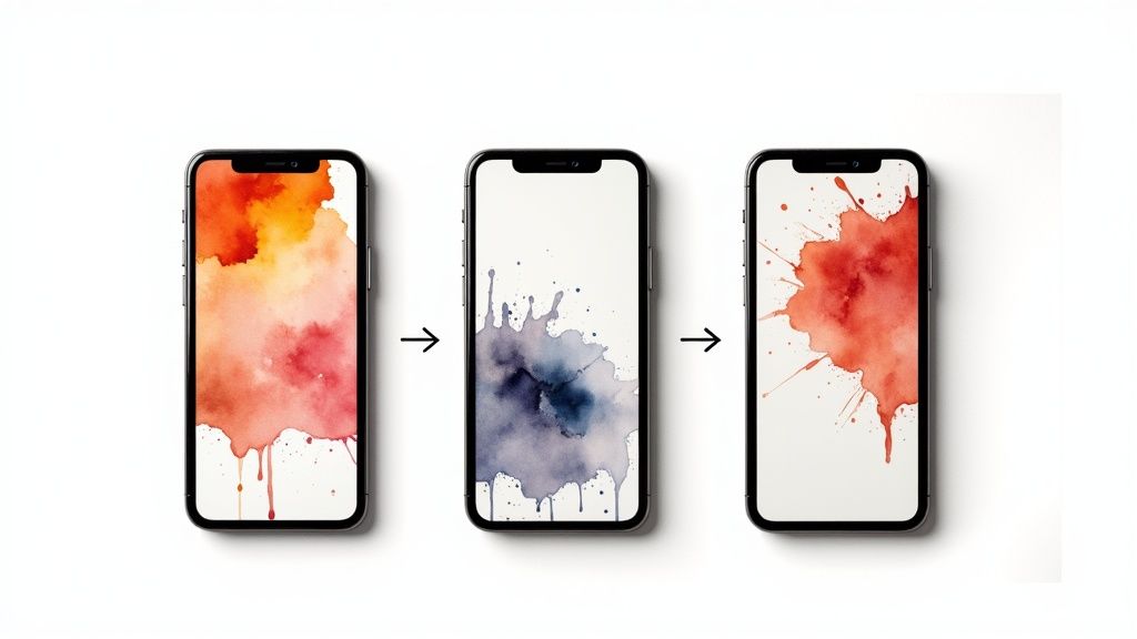 Three modern smartphones display vibrant watercolor splash wallpapers with different color schemes against a white background.
